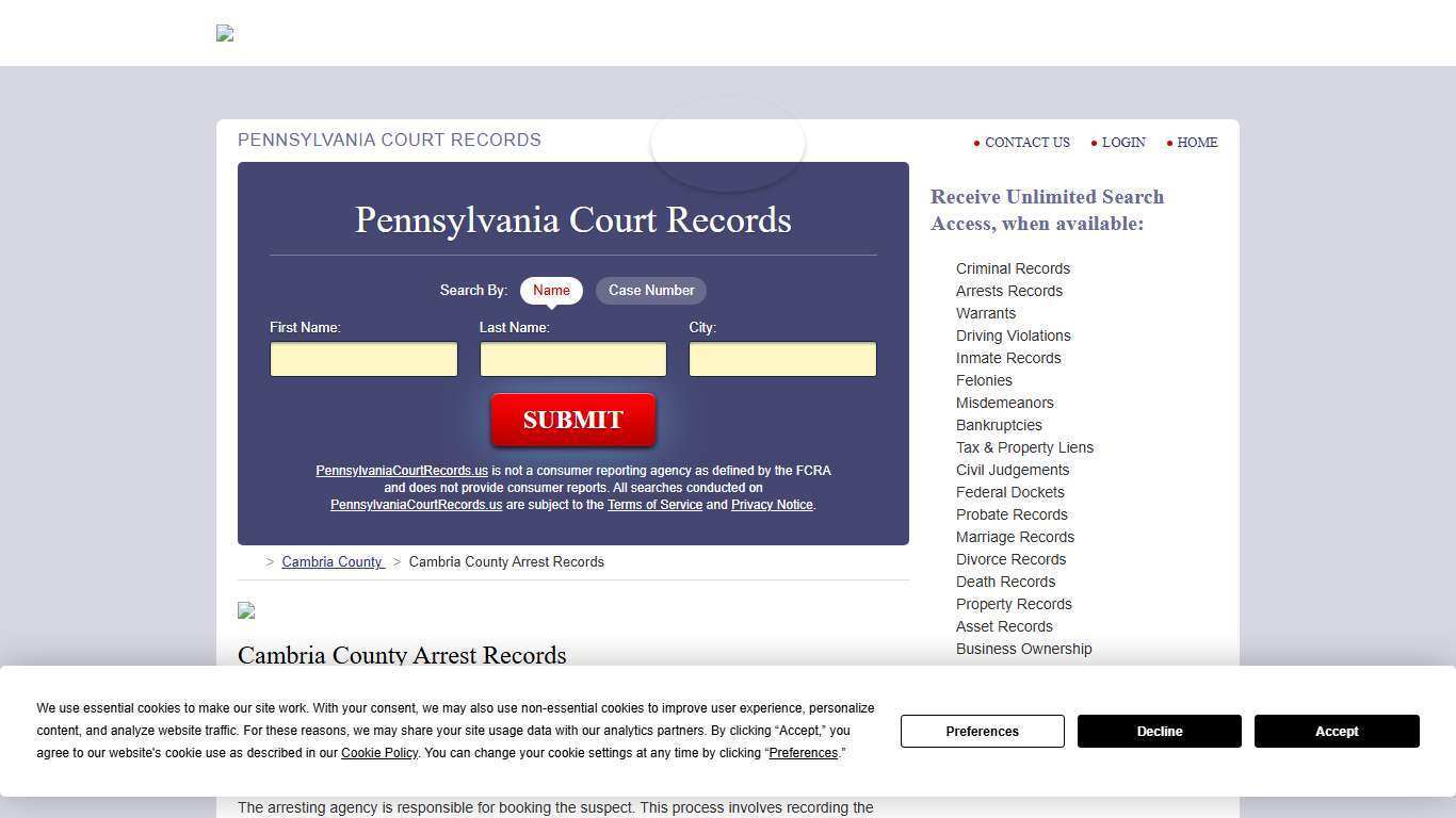 Cambria County Arrest Records | PennsylvaniaCourtRecords.us
